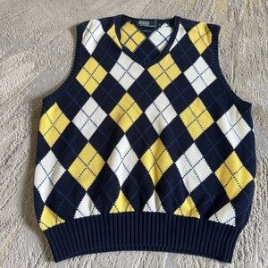 Polo Ralph Lauren Sweater Vest Golf Argyle pint navy blue yellow cream large